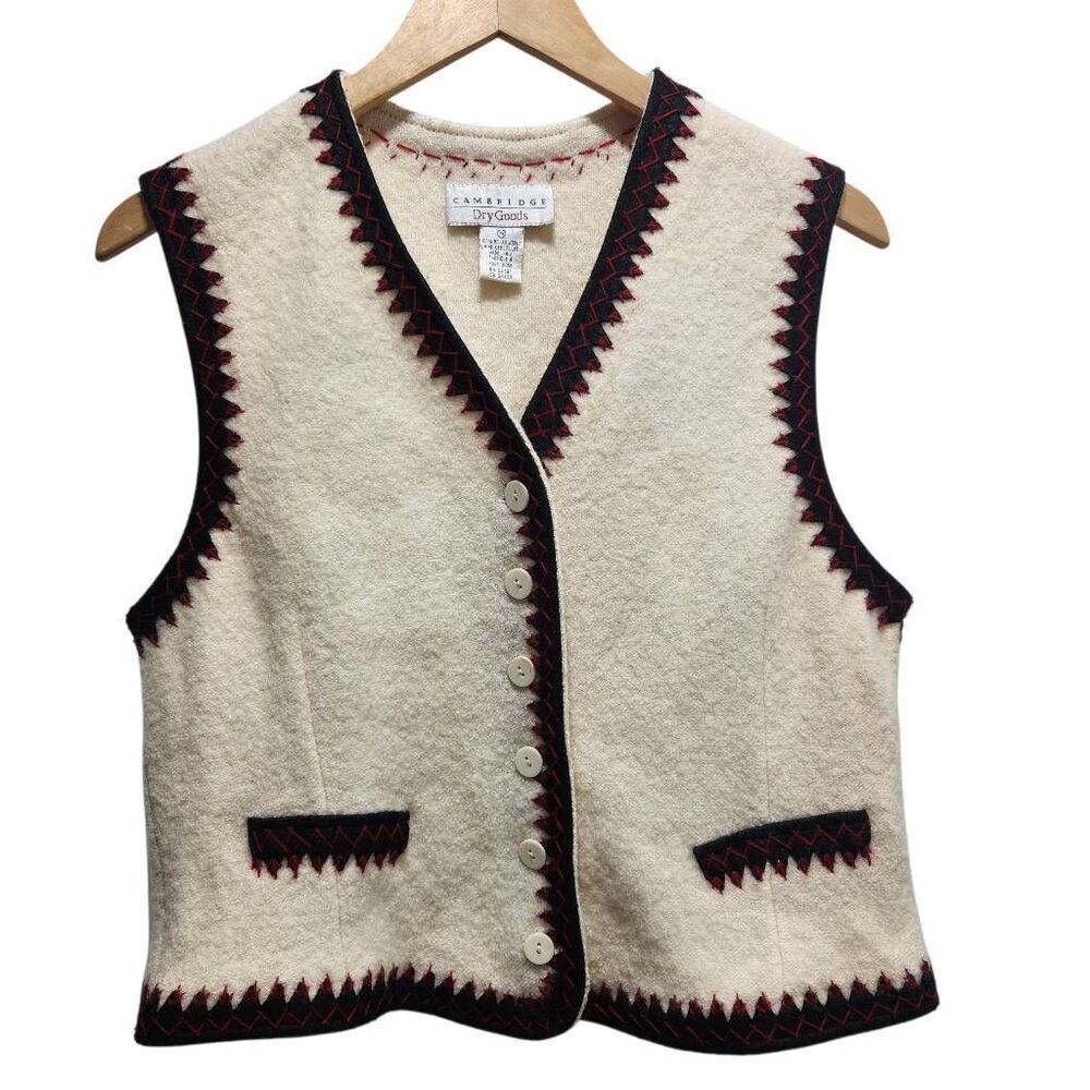 Cambridge Dry Goods vest boiled wool cream black red medium